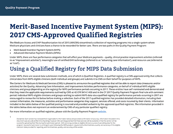 Merit-Based Incentive Payment System (MIPS) 2017 CMS-Approved Qualified Registries