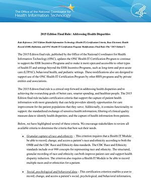 2015 Edition Final Rule: Addressing Health Disparities