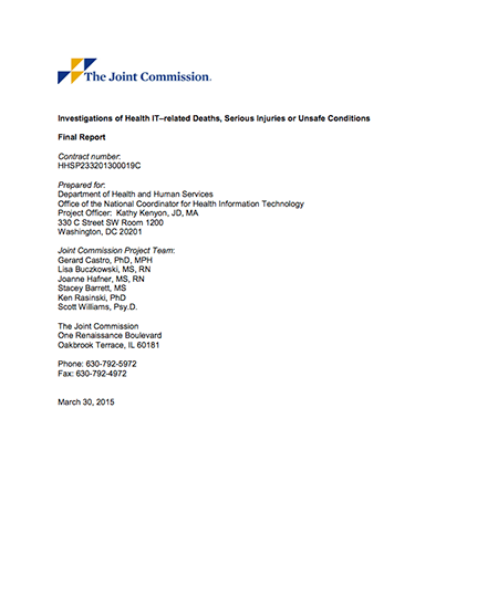 Investigations of Health IT-related Deaths, Serious Injuries or Unsafe Conditions. PDF, 80KB. Click to download.